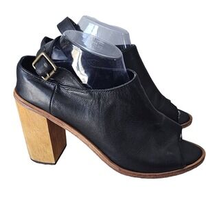 Anthropologie FIEL Sandals Women's Size 10 Black Leather Wooden Chunky Heels